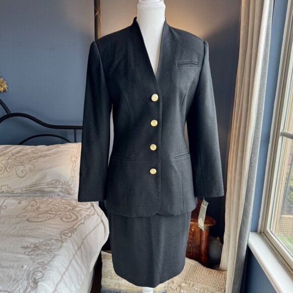 Vintage 90s 100% Wool Black Skirt Suit w Gold Buttons - Picture 2 of 16